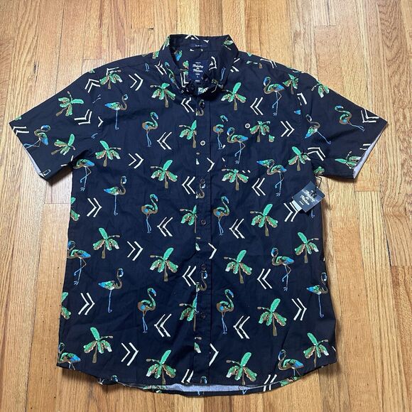 Artistry in Motion Shirt Mens L Button Down S/S Black Flamingo Slim Fit NWT - Picture 2 of 8